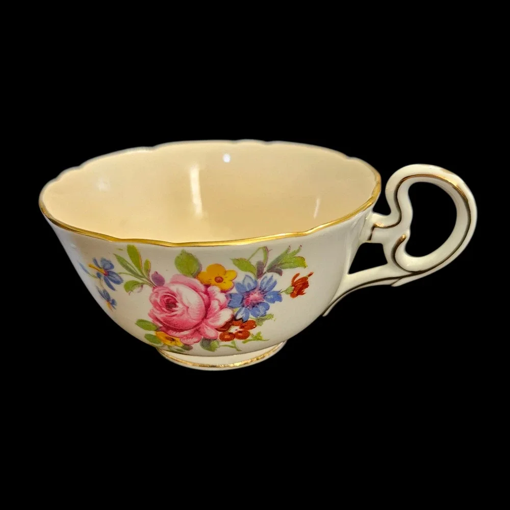 Vintage Grafton China Floral Teacup Saucer Set Pink Rose Gold Trim England